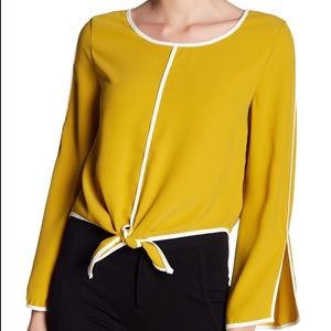 Gracia L Contrast Trim Front Tie Blouse Mustard 💛